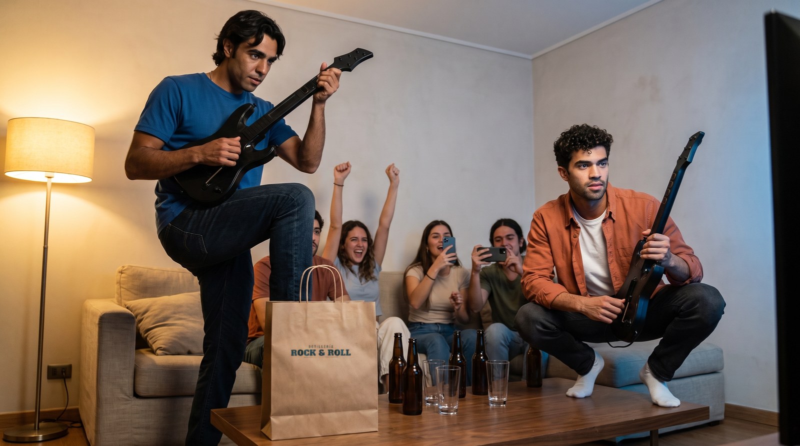 Los dos guitarristas del letrero en una junta, con la bolsa de la botillería