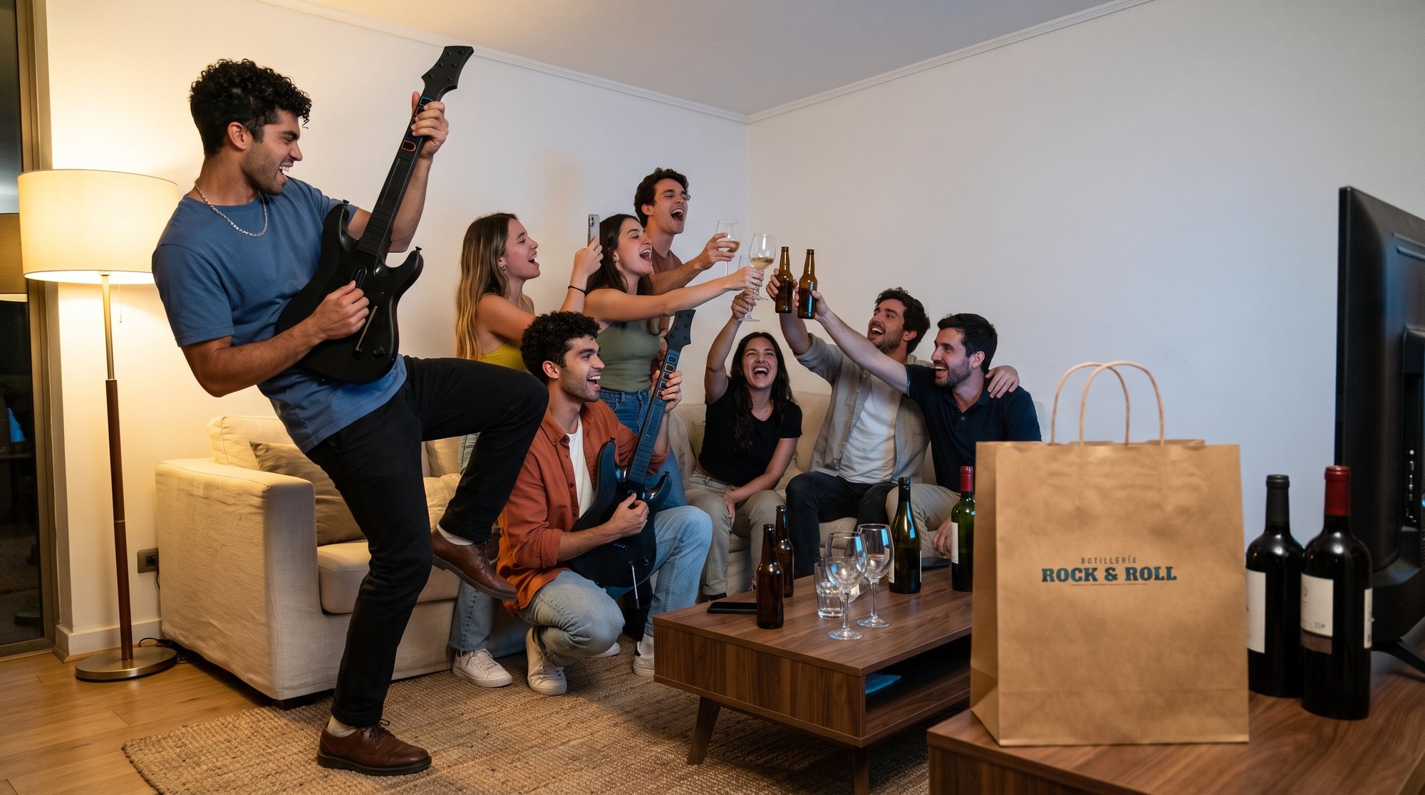 Fiesta en casa con los guitarristas y la bolsa de la botillería